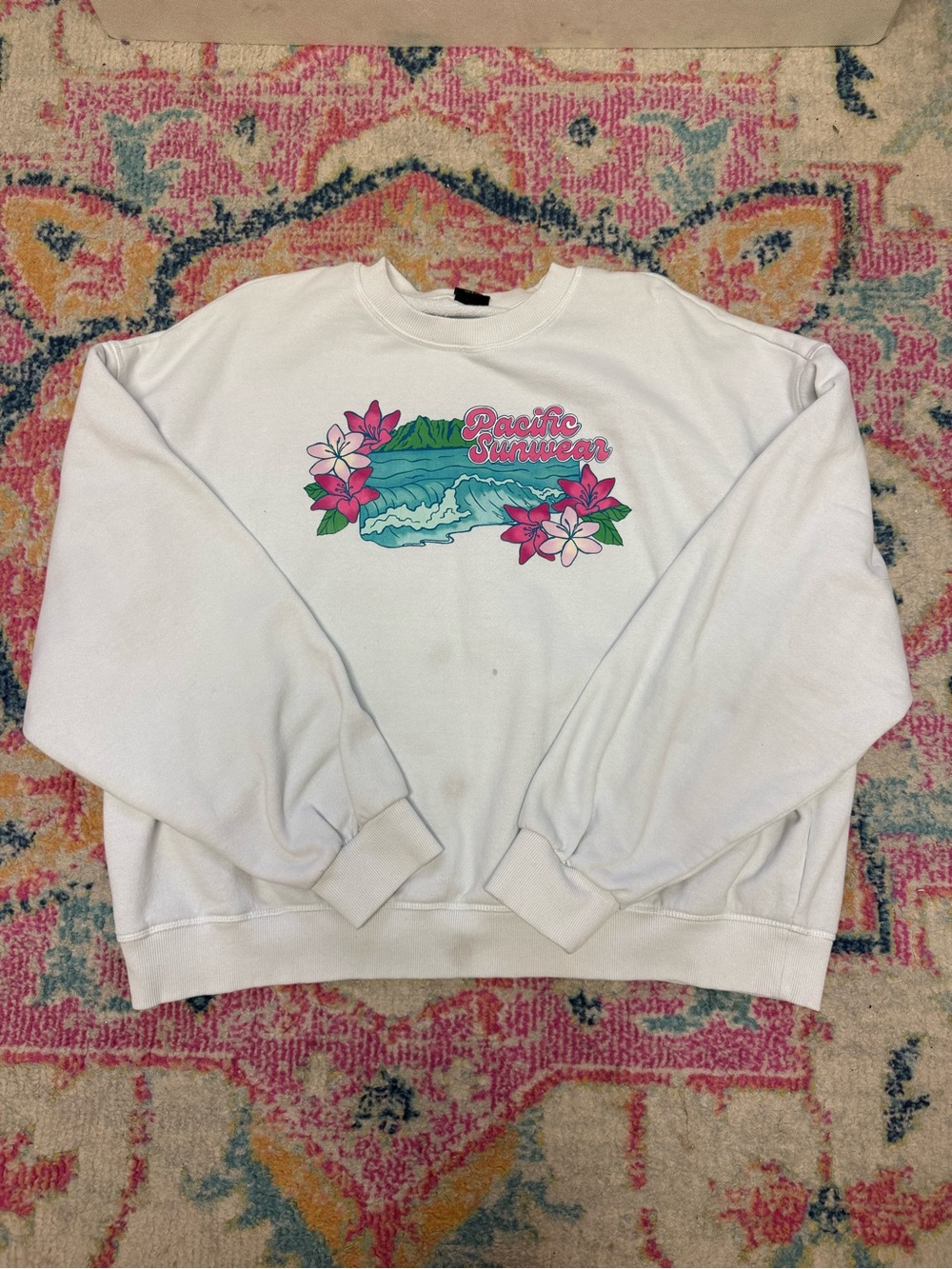 Pacific Sunwear White Crewneck with Teal Wave and Pink Floral Graphic